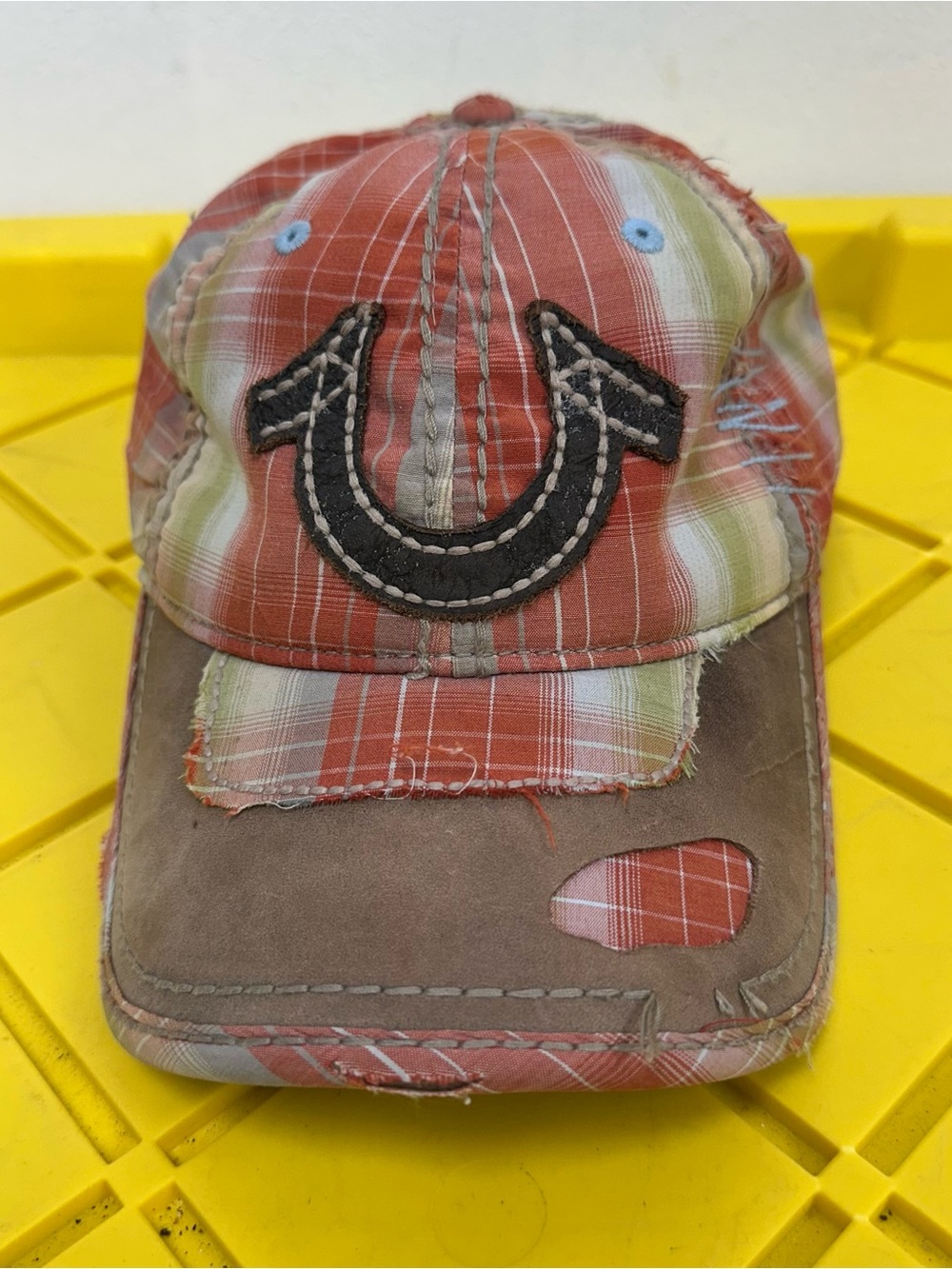 Vintage True Religion Hat Mens Leather Strapback Brown Red Plaid Distressed Y2K